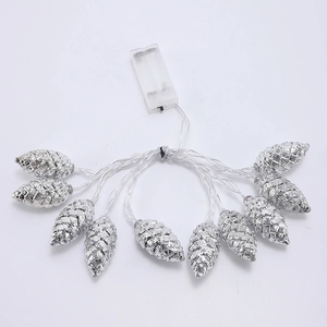 LED Christmas string lights with 10 silver pine cone ornaments and clear battery box