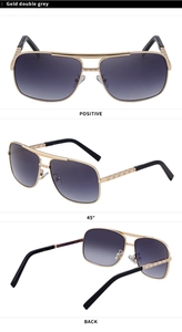 Three-way view of retro square pilot sunglasses with gold frame and gradient grey lenses