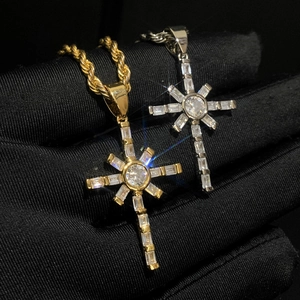 Hip Hop Copper Cross Pendant Necklace With Baguette Zircon Inlay Rope Chain Jewelry For Men Women Trendy