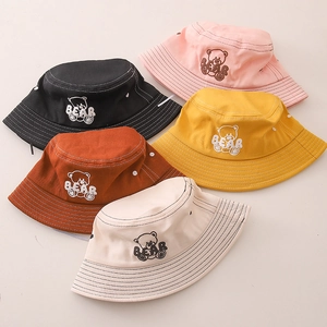 Kids cotton bucket hats with bear embroidery in five colors for sun protection
