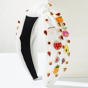 White knotted wide headband with colorful fruit charms and rhinestones decorations