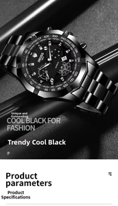 Détails du cadran multifonction en acier noir avec échelle tachymétrique de montre