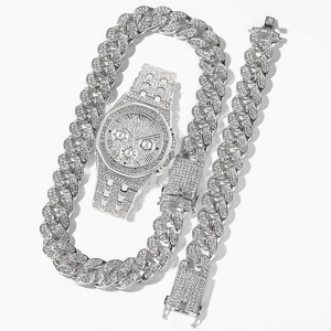 Silver iced-out hip hop jewelry set with octagonal watch Cuban necklace and bracelet