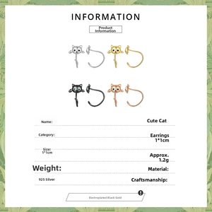 Detailed spec sheet for 925 silver cat earrings in silver, gold, black, and rose gold