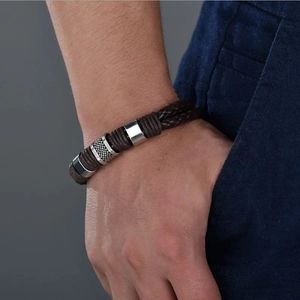Men's brown braided leather bracelet with silver alloy beads and magnetic buckle clasp