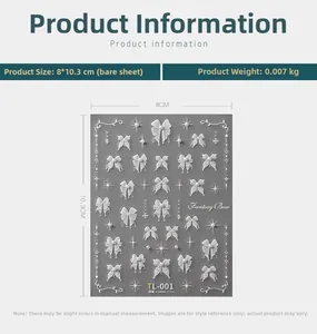 Detail of TL-454 3D embossed nail stickers featuring white bows and stars motifs