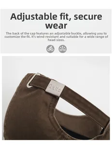 Detail of adjustable metal buckle with FARD engraving on brown cotton baseball cap
