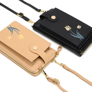Mini floral PU leather mobile phone crossbody bag in black and beige tulip print