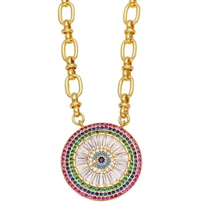 Hip hop style gold chunky chain necklace with colorful evil eye zircon round pendant