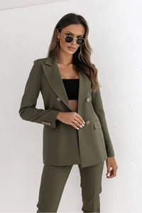 Detail of olive green double-breasted blazer set with textured gold buttons and trousers