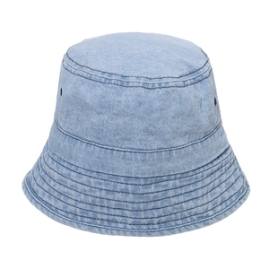 Retro light blue denim bucket hat with pleated texture and reinforced stitched brim
