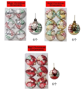 Detail of Christmas balls with snowflake and tree patterns in silver, gold and red