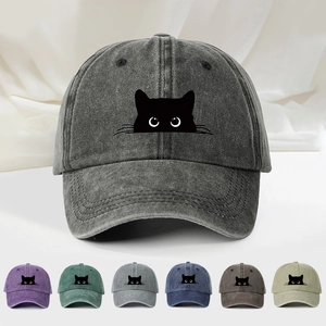 Casquette De Baseball Polyester Lavé Vintage Ajustable Imprimé Chat Mignon Protection Solaire Chapeau Rétro