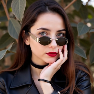 Detail of rimless hexagonal sunglasses with diamond cut edges and gold metal temples