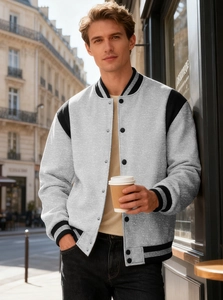 Detail of casual bomber jacket with grey fleck texture and striped ribbed cuffs