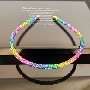 Macro detail of luxury rainbow gradient headband with sparkling multi-color rhinestones