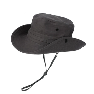 Dark charcoal outdoor sun hat with wide brim, breathable vents, and adjustable chin strap