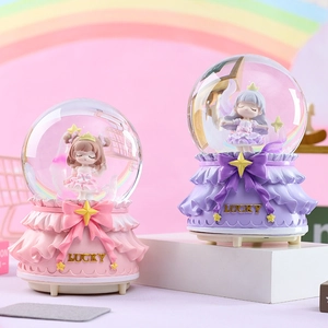 Pink and purple lucky girl music boxes with rotating snow and princess figurines