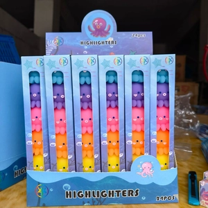 Macro view of octopus-shaped stackable highlighters in a 24-piece bulk display box