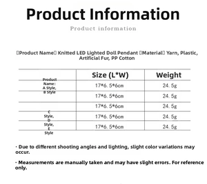 Size chart showing 17cm knit LED Christmas gnome ornaments with dimensions and materials