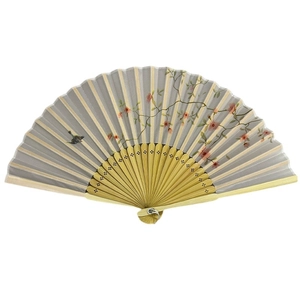 Retro Chinese folding fan with bamboo frame and floral bird painting on grey fabric