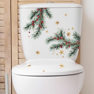Christmas pine branches and red berries self-adhesive toilet seat wall sticker decor