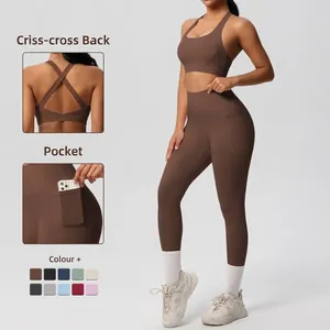 Women's Yoga Top And Bottom Double-Sided Brushed Sports Bra and High Waist Leggings with Pockets Workout Fitness Apparel