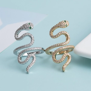 Snake Ring For Women Copper With Cubic Zirconia Pavé Green Gemstone Eyes Adjustable Open Band Fashion Jewelry Gift