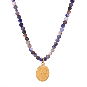 Vintage gold plated stainless steel necklace with natural stone beads and oval relief pendant