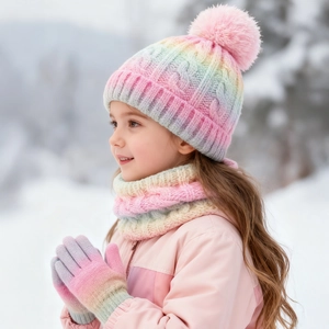 Details der Strickstruktur der Regenbogen-Kindermütze mit weichem Kunstfell-Pompon
