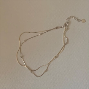 Double-layered 925 sterling silver snake chain anklet with beads and heart charm