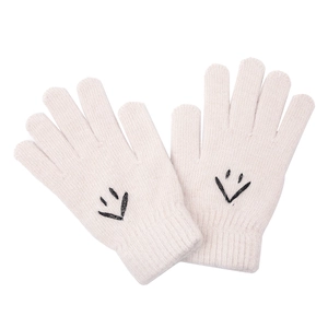 Minimalist cream knit gloves with black smiley face embroidery for winter outdoor warmth