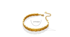 Detail view of gold watch-band style chain bracelet with adjustable lobster clasp