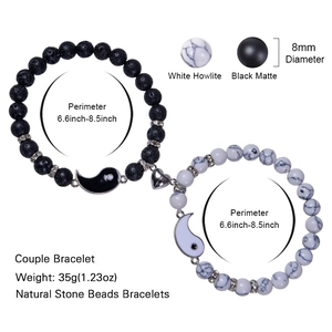 Yin Yang Tai Chi couple bracelets with magnetic heart charm and 8mm natural stone beads