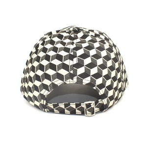 Detail view of the back of a 3D checkerboard baseball cap with adjustable metal buckle