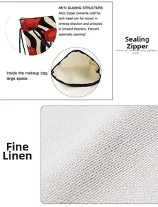 Detail of rose cosmetic bag showing smooth alloy zipper and durable linen fabric texture