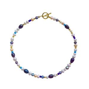 Handmade freshwater pearl necklace with multi-colored beads and gold T-bar toggle clasp