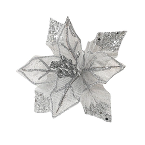 Sparkling silver glitter poinsettia flower with mesh petals for Christmas tree decoration
