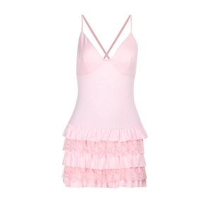 Detailed view of layered pink lace textures and refined stitching on the ruffle hem dress