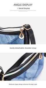 Detail view of denim underarm bag with gold leaf zipper pull and black leather trim