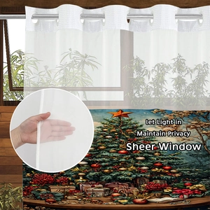 Detail of Christmas themed sheer shower curtain showing light filtering and privacy fabric