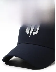 Detailed close-up of dark blue baseball cap showing reinforced stitching on the brim