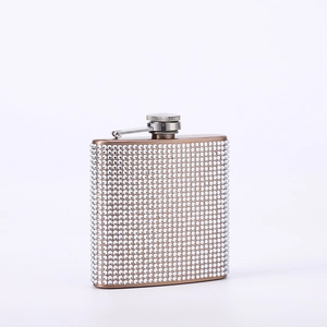 Detail shot of 6oz stainless steel hip flask decorated with sparkling rhinestones