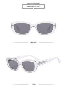 Detail view of transparent grey square sunglasses with thick temples and metal core wire