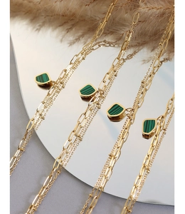 Detailed close-up of double-layer gold necklace with green malachite geometric pendants
