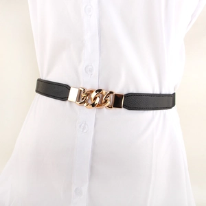 Women Slim Elastic Waist Belt Faux Leather With Alloy Interlocking Chain Buckle For Dresses Shirts Versatile Stylish