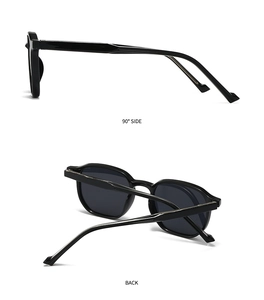 Detailed side and back view of retro black polarized sunglasses with metallic hinges