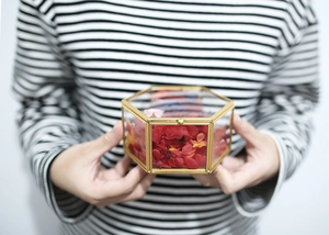 Close-up of hexagonal gold glass jewelry box with red dried flowers held in hands