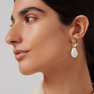 18K gold plated stainless steel spiral seashell earrings with baroque pearl drops
