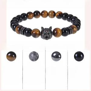 Mens 8mm blue tiger eye and wolf head stone beaded bracelet with zircon detail